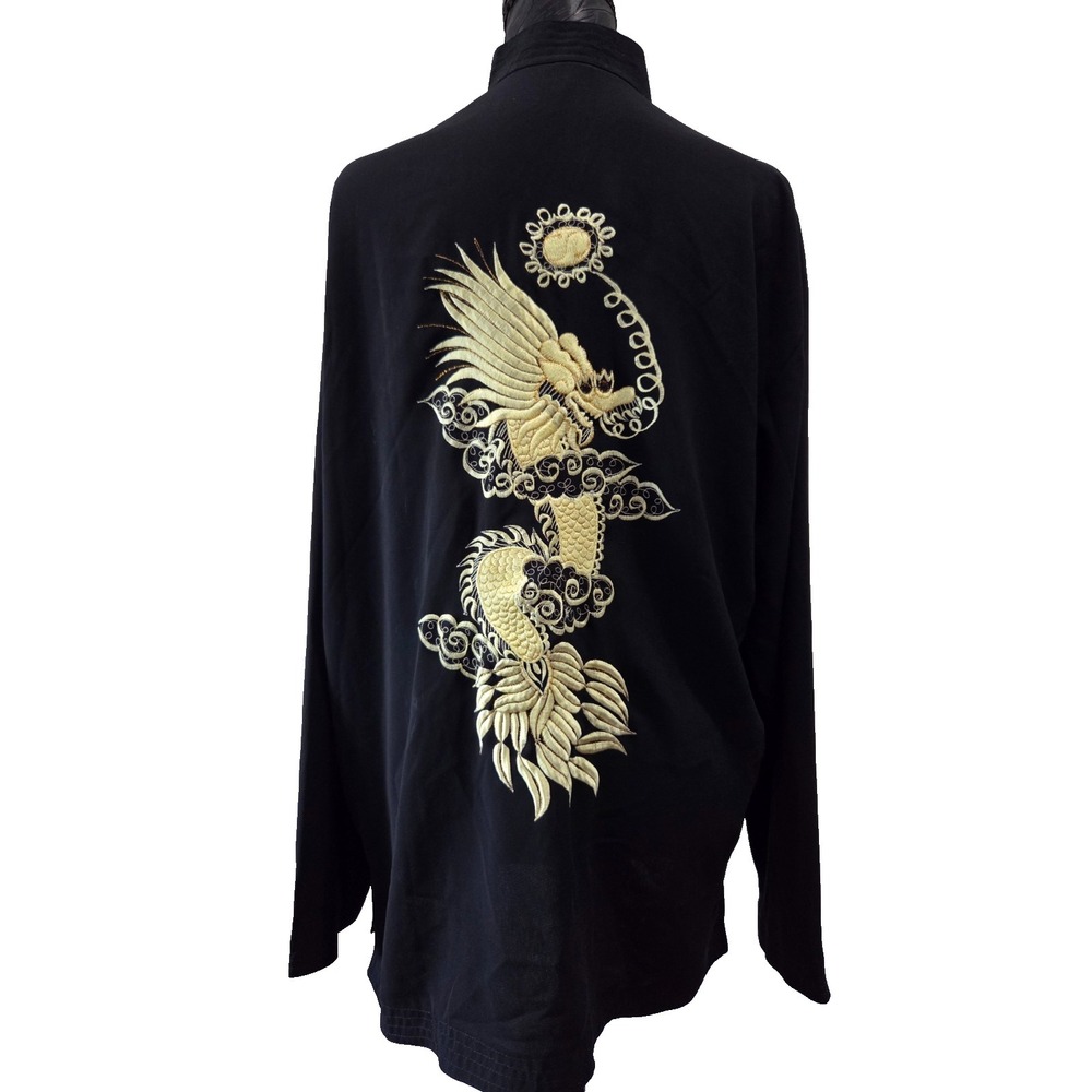 Embroidered Golden Dragon Xuan 100% Silk Kimono Jacket Black Size XL